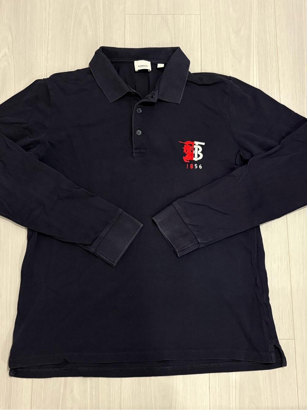 Burberry Navy Long Sleeve Polo with Red & White Crest